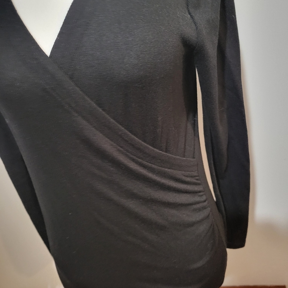 LOFT black Faux Wrap Long Sleeve V Neck Blouse Workwear Goth |sz SP - Picture 3 of 6